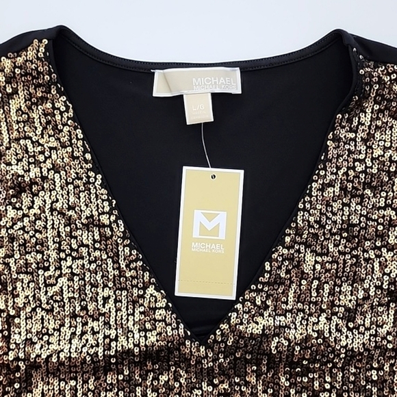 NWT Michael Kors Black Bronze Gold Sparkly Sequin Sleeveless V Neck Top Size L - Picture 5 of 9